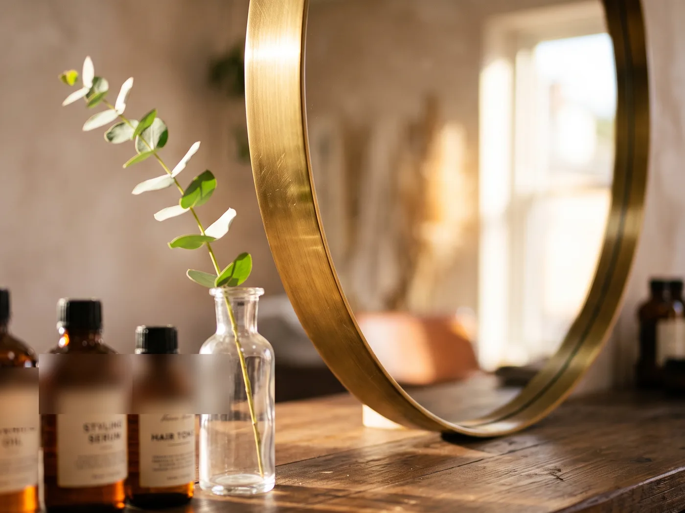Warm salon vanity detail with mirror and product bottles