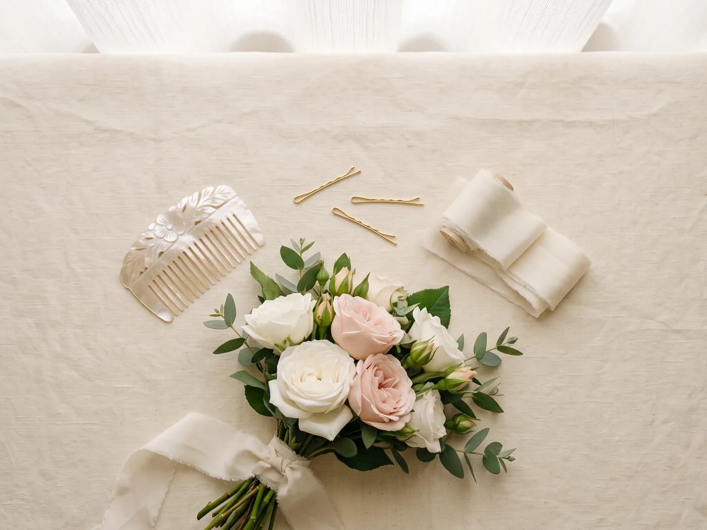 Bridal styling accessories flat lay — bouquet, hair comb, and pins