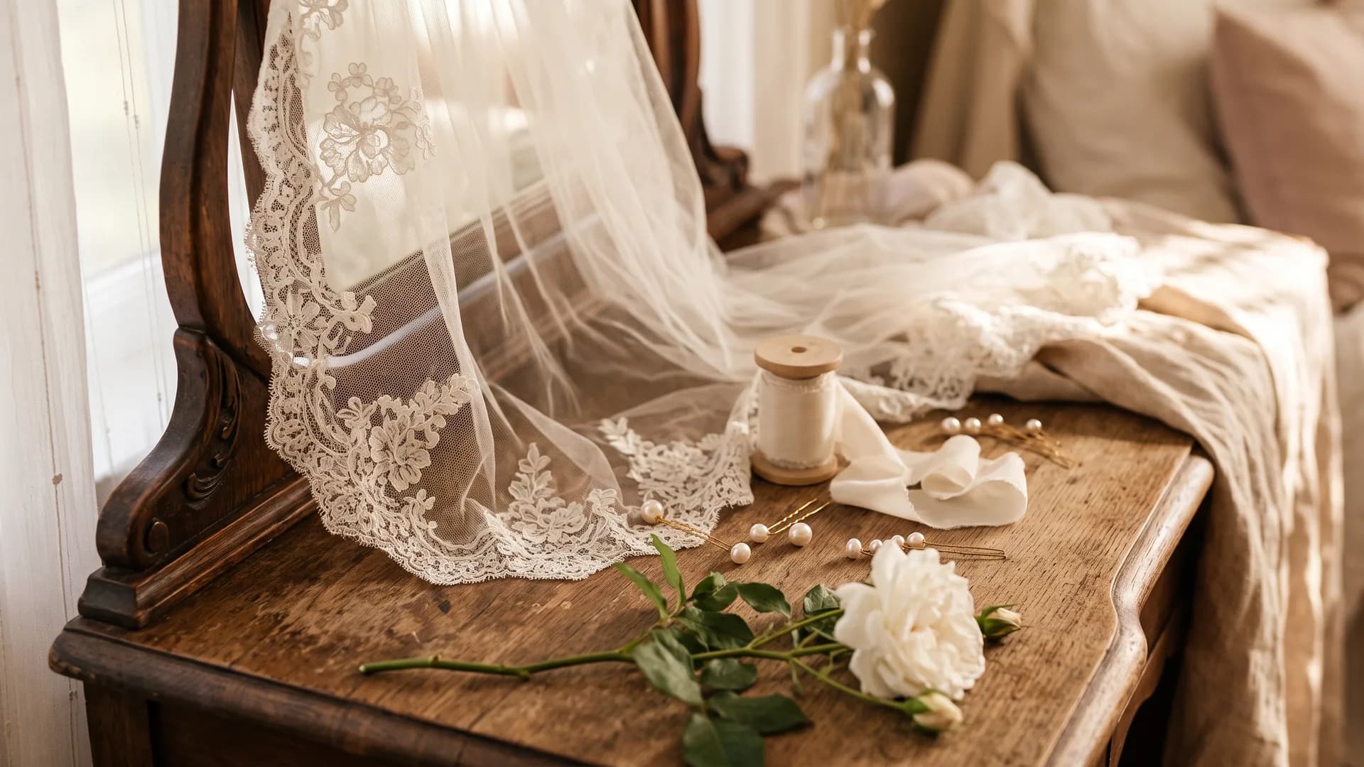 Bridal veil, pearl hairpins, and floral details styled on a vanity
