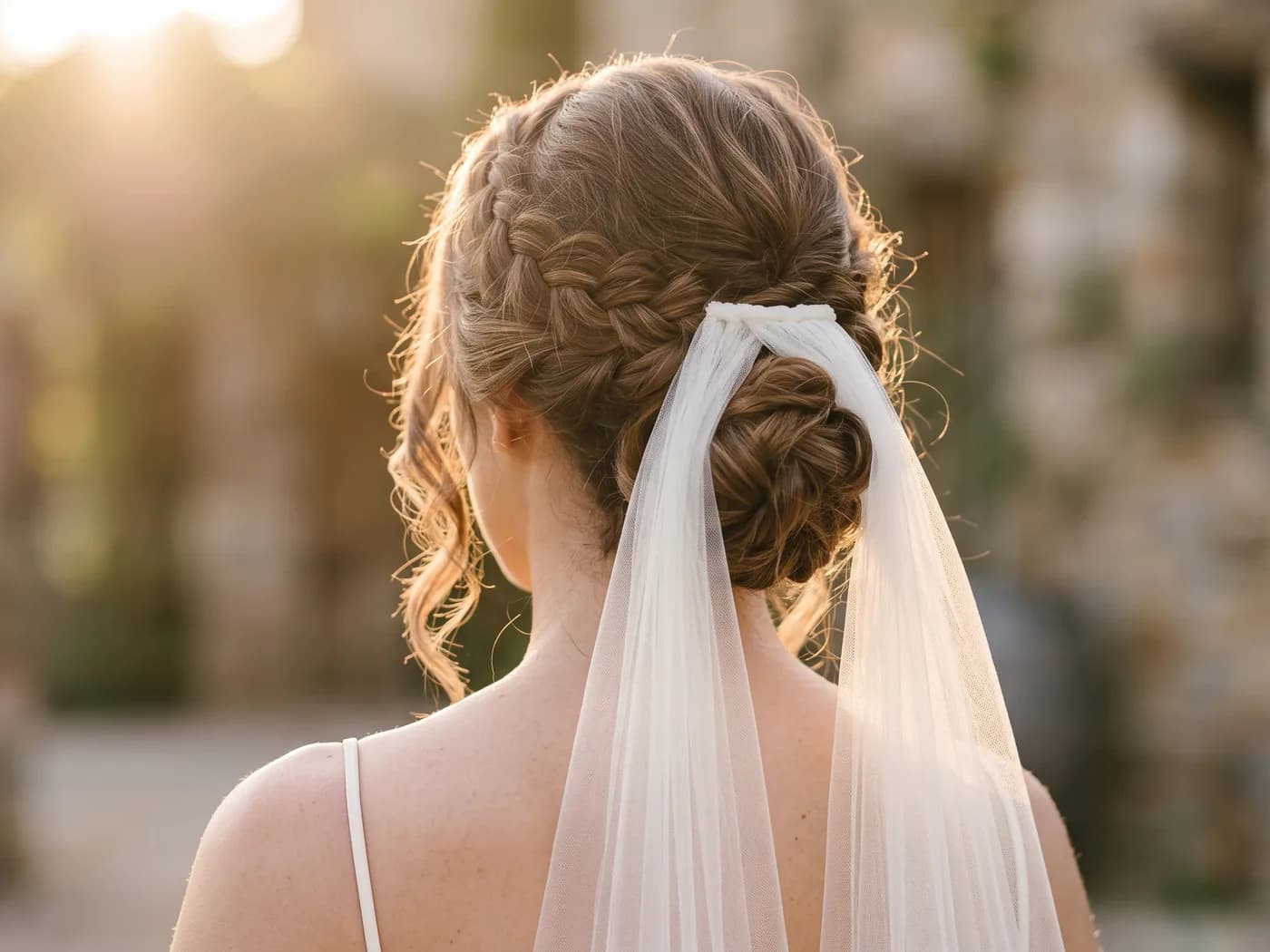 Finished bridal updo with veil, styled for a wedding day