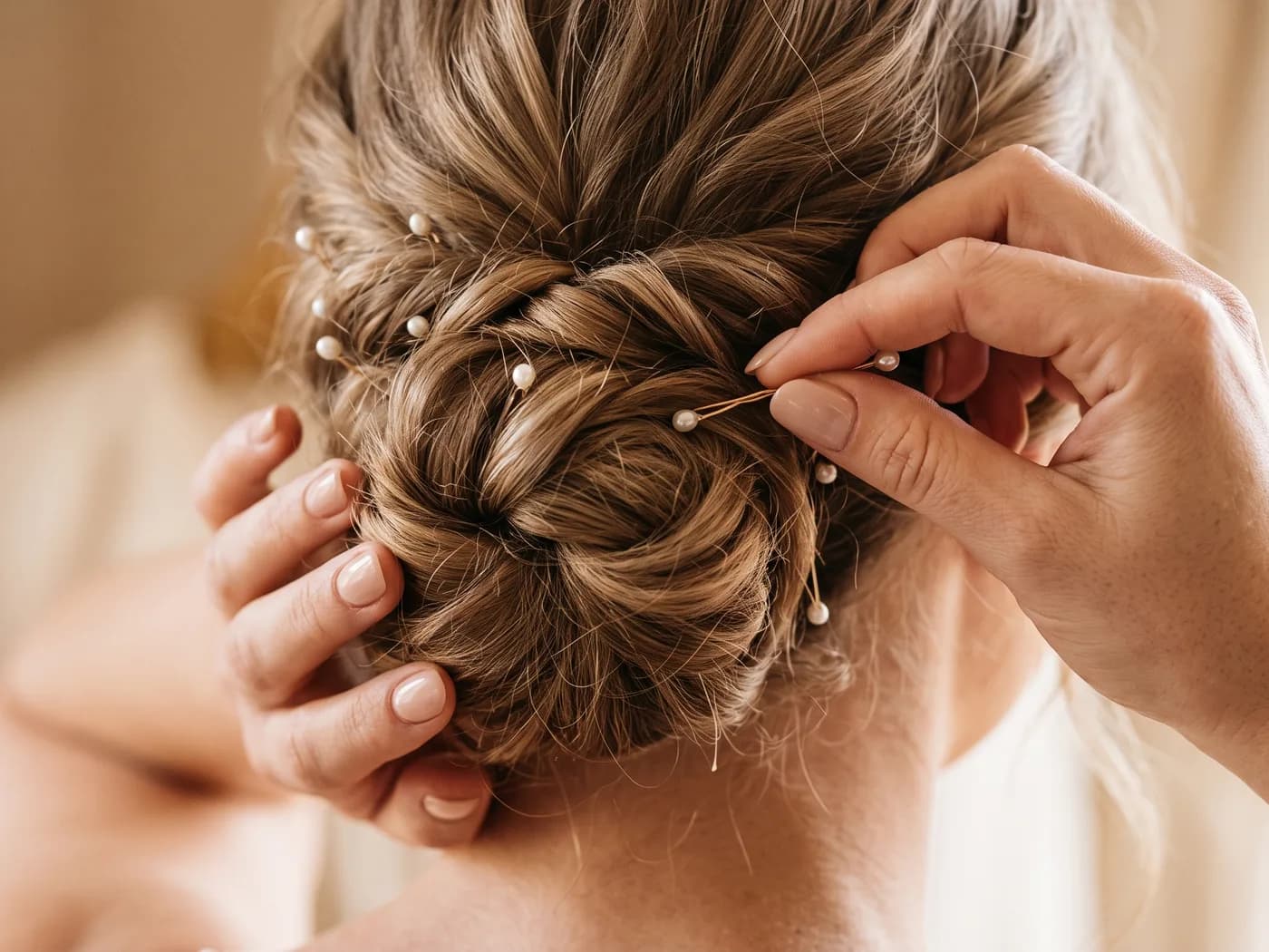 Close-up of hands pinning an elegant bridal updo with pearl hairpins